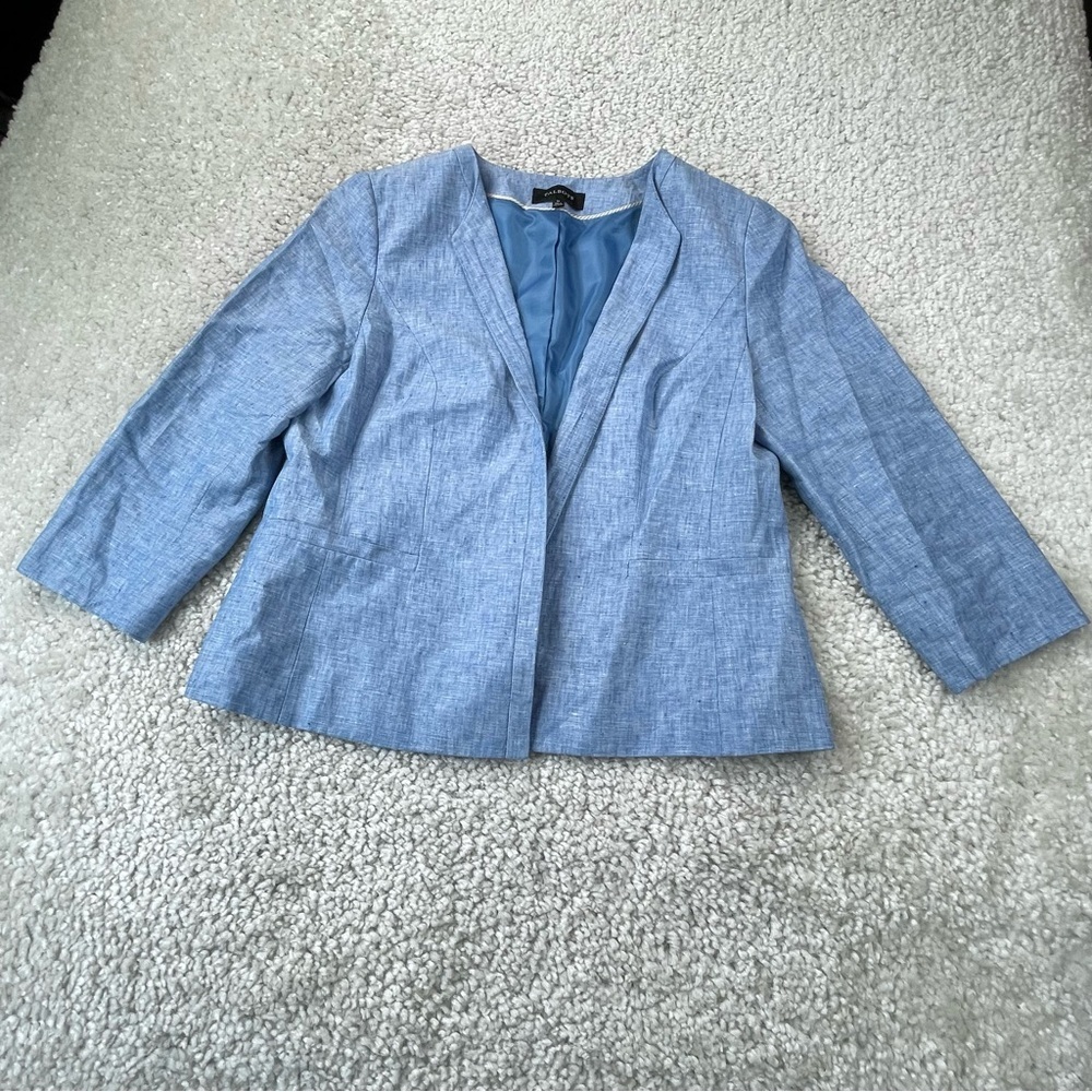 Talbots Linen Open Front Blazer Jacket Blue Linen Chambray work Coastal 12